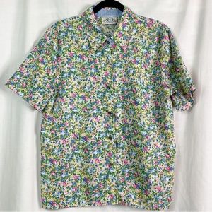 Vintage Blue Yellow Floral Print Short Sleeve Camp Shirt Med